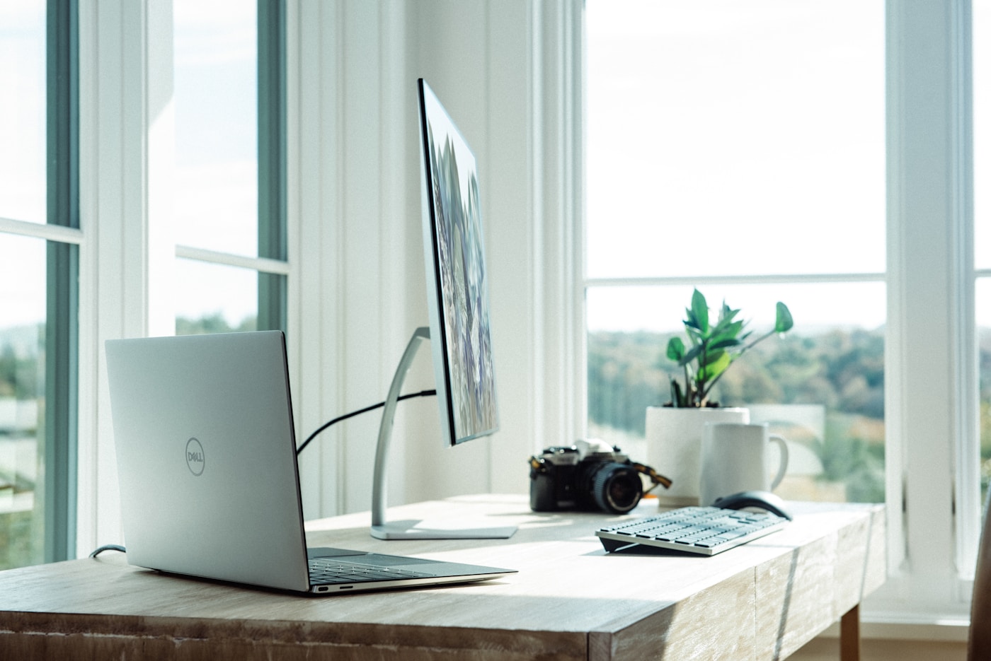 Focused home office with clean sightlines, natural light from a tall window, and a wood desk